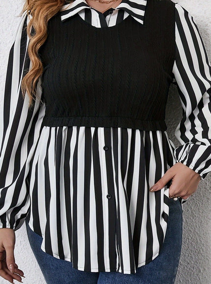 KissICON UK 18 / Black Plus Size Women's Casual Striped Sleeve Blouse - Black & White Contrast, Puffed Shoulders, Classic Collar, All-Season Versatile Top, Ladies Sleeve Tops, Puffed Shoulder Design