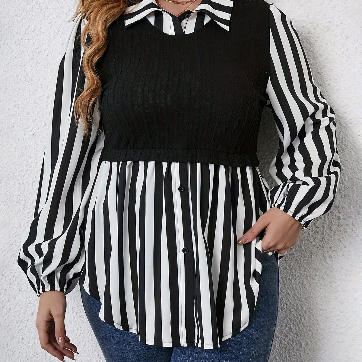 KissICON UK 18 / Black Plus Size Women's Casual Striped Sleeve Blouse - Black & White Contrast, Puffed Shoulders, Classic Collar, All-Season Versatile Top, Ladies Sleeve Tops, Puffed Shoulder Design
