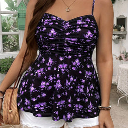 KissICON UK 18 / Black Plus Size Women's Elegant Floral Print Spaghetti Strap
