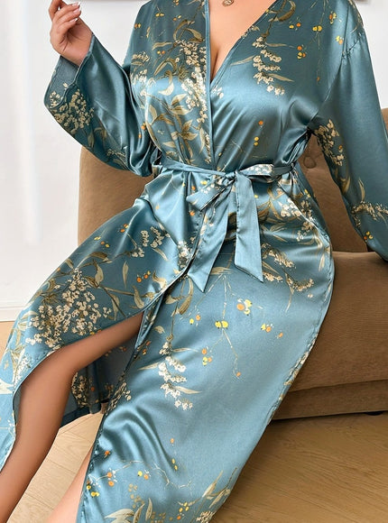 KissICON UK 18 / Green Plus Size Women's Sexy V-Neck Robe with Adjustable