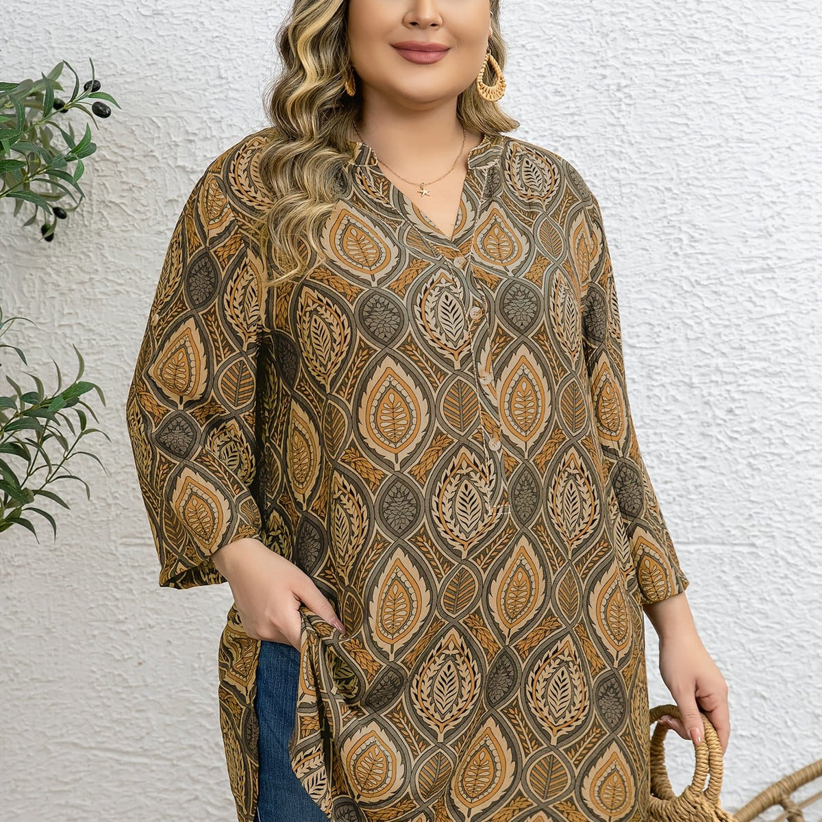 KissICON UK 18 / Khaki Plus Size - Women'S Plus Size Tropical Print V-Neck Blouse - Elegant Loose Fit Long Shirt with Adjustable Three-Quarter Sleeves, Half Placket & Button Front, Comfortable Casual Top for Casual Attire, Casual Attire Blouse | Vn