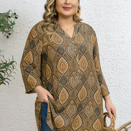 KissICON UK 18 / Khaki Plus Size - Women'S Plus Size Tropical Print V-Neck Blouse - Elegant Loose Fit Long Shirt with Adjustable Three-Quarter Sleeves, Half Placket & Button Front, Comfortable Casual Top for Casual Attire, Casual Attire Blouse | Vn