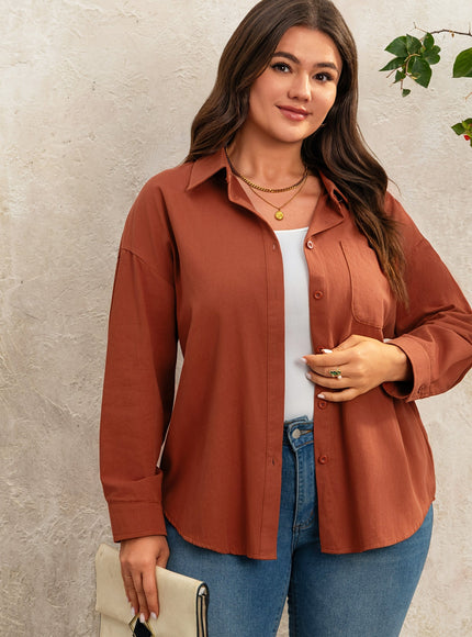 KissICON UK 18 / Maroon Plus Size Women's Casual Long Sleeve Button-Up Shirt - Relaxed Fit Solid Color Non-See-Through Fabric, Classic Collar Button Front Placket for Spring/Autumn Versatile Layering, Hand Wash Only, Elegant Long Sleeve Button Blous