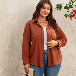 KissICON UK 18 / Maroon Plus Size Women's Casual Long Sleeve Button-Up Shirt - Relaxed Fit Solid Color Non-See-Through Fabric, Classic Collar Button Front Placket for Spring/Autumn Versatile Layering, Hand Wash Only, Elegant Long Sleeve Button Blous