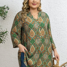 KissICON UK 18 / Olive Green Plus Size - Women'S Plus Size Tropical Print V-Neck Blouse - Elegant Loose Fit Long Shirt with Adjustable Three-Quarter Sleeves, Half Placket & Button Front, Comfortable Casual Top for Casual Attire, Casual Attire Blouse | Vn