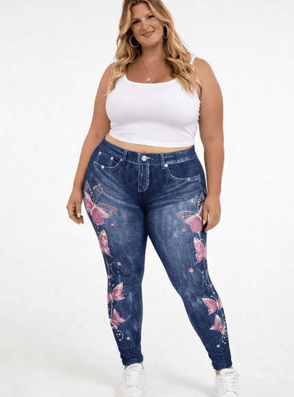 KissICON Leggings UK 22 = US 18 Plus Size Butterfly Denim Look Leggings – High Waist Stretch Fit