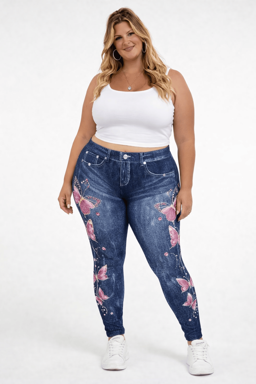 KissICON Leggings UK 22 = US 18 Plus Size Butterfly Denim Look Leggings – High Waist Stretch Fit