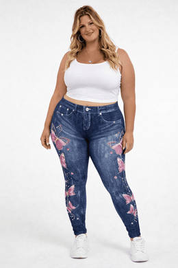 KissICON Leggings UK 22 = US 18 Plus Size Butterfly Denim Look Leggings – High Waist Stretch Fit