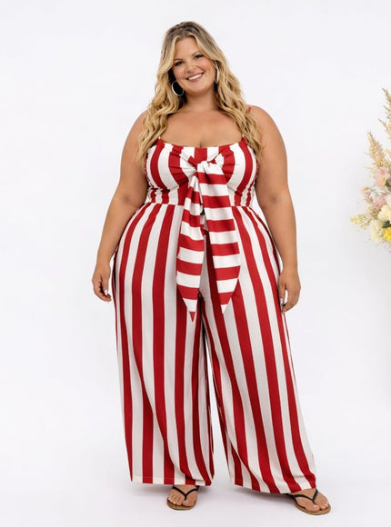 KissICON Jumpsuits UK 24 = US 20 Plus Size Red & White Stripe Tie Front Wide Leg Jumpsuit