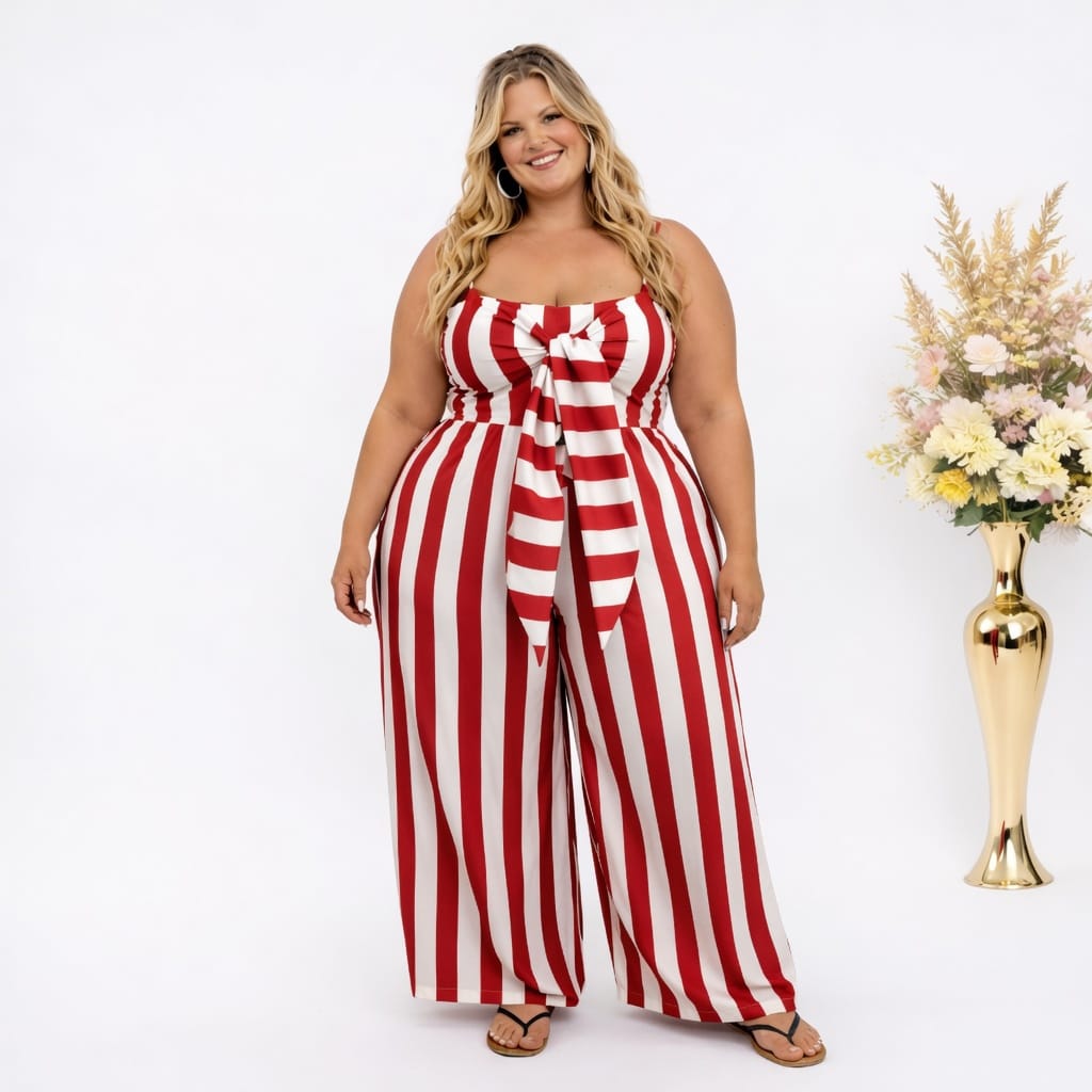 KissICON Jumpsuits UK 24 = US 20 Plus Size Red & White Stripe Tie Front Wide Leg Jumpsuit