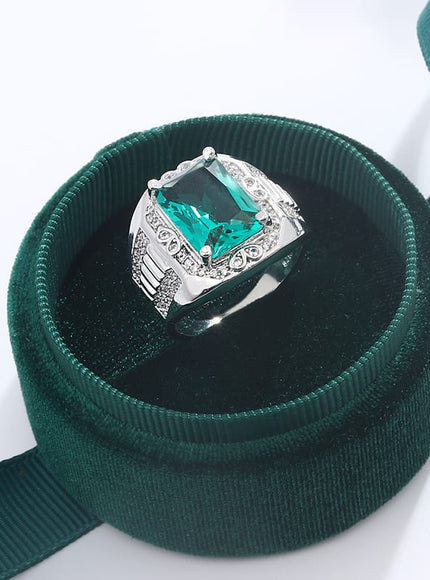 KissICON Unisex S925 Silver Engagement Rings Square Green Zircon