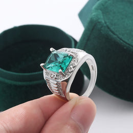 KissICON Unisex S925 Silver Engagement Rings Square Green Zircon