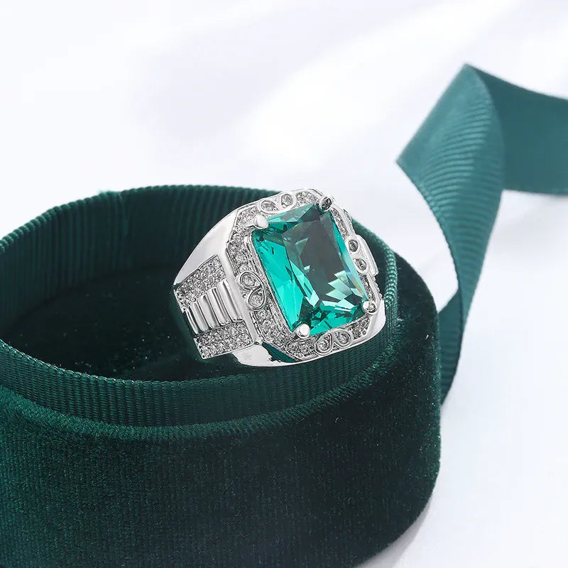 KissICON Unisex S925 Silver Engagement Rings Square Green Zircon