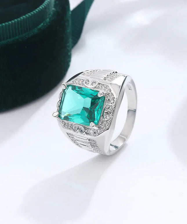 KissICON Unisex S925 Silver Engagement Rings Square Green Zircon