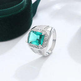 KissICON Unisex S925 Silver Engagement Rings Square Green Zircon