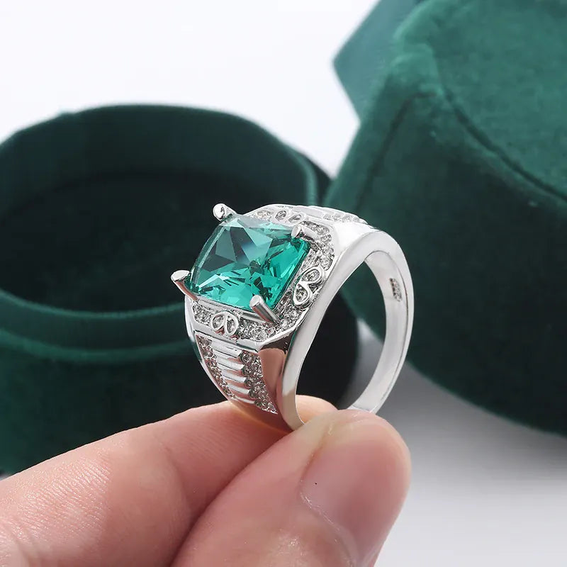 KissICON Unisex S925 Silver Engagement Rings Square Green Zircon