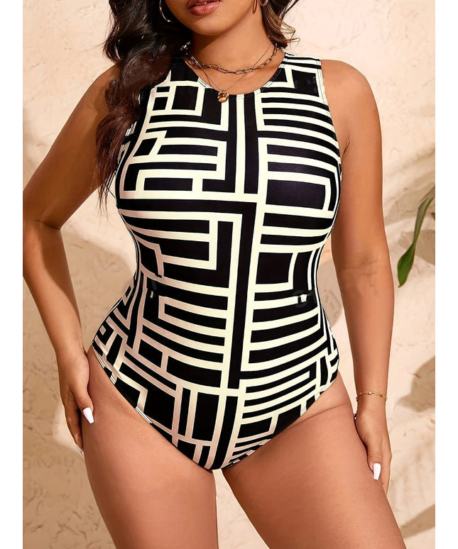 KissICON Unyooke Curve Geometric Print Backless Onepiece Swimsuit