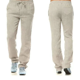 KissICON US L 70-80 KG / light khaki Men's Cotton Linen Pants Male Autumn New Breathable Solid Color Linen Trousers Fitness Streetwear Back With Pocket