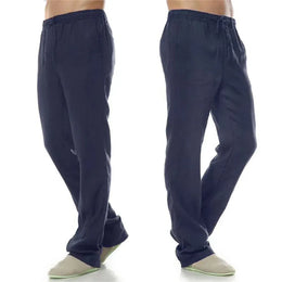 KissICON US L 70-80 KG / navy Men's Cotton Linen Pants Male Autumn New Breathable Solid Color Linen Trousers Fitness Streetwear Back With Pocket