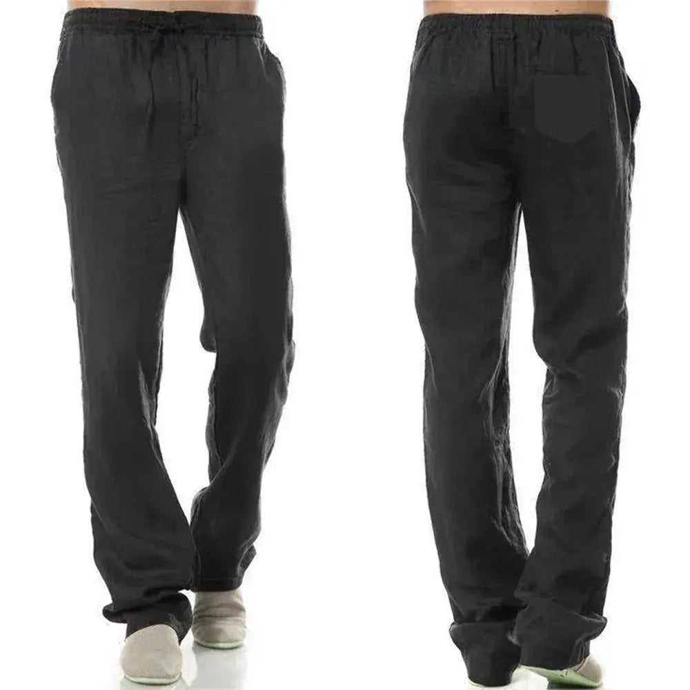 KissICON US S 50-60 KG / black Men's Cotton Linen Pants Male Autumn New Breathable Solid Color Linen Trousers Fitness Streetwear Back With Pocket