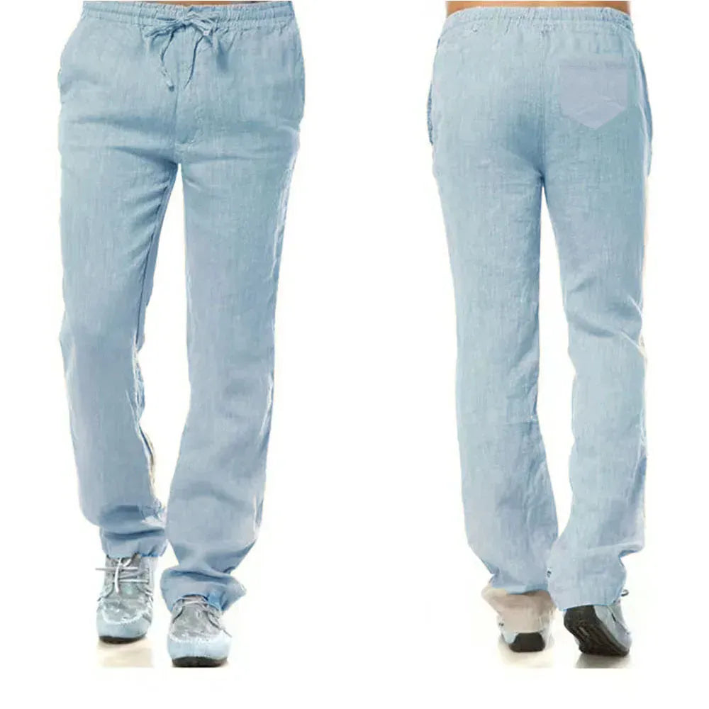 KissICON US S 50-60 KG / Blue Men's Cotton Linen Pants Male Autumn New Breathable Solid Color Linen Trousers Fitness Streetwear Back With Pocket