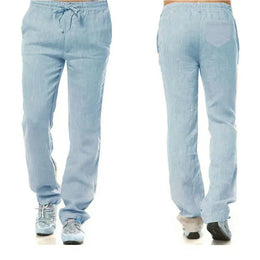 KissICON US S 50-60 KG / Blue Men's Cotton Linen Pants Male Autumn New Breathable Solid Color Linen Trousers Fitness Streetwear Back With Pocket