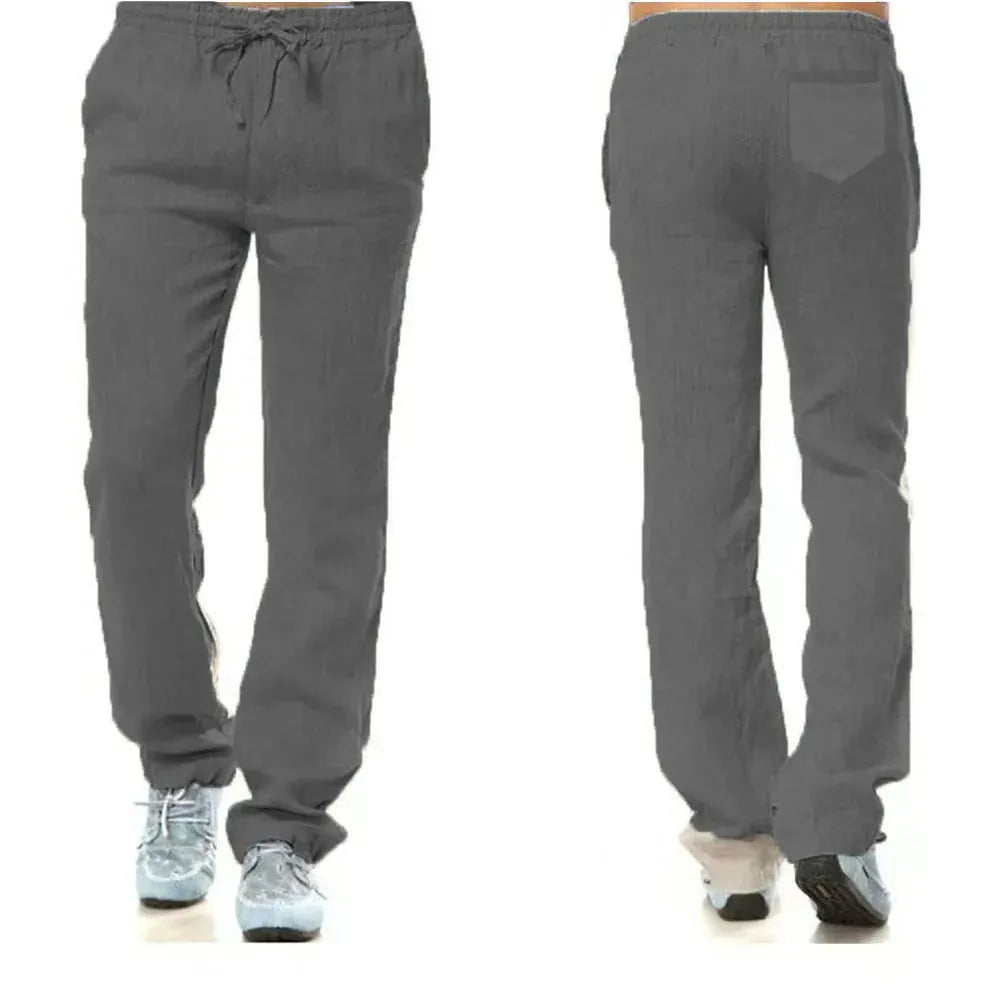 KissICON US S 50-60 KG / GRAY Men's Cotton Linen Pants Male Autumn New Breathable Solid Color Linen Trousers Fitness Streetwear Back With Pocket