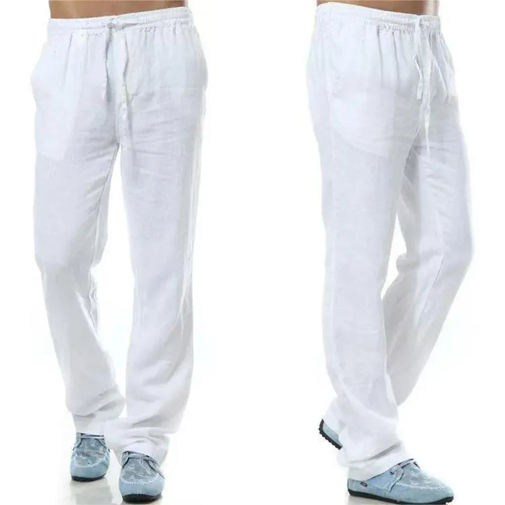 KissICON US S 50-60 KG / WHITE Men's Cotton Linen Pants Male Autumn New Breathable Solid Color Linen Trousers Fitness Streetwear Back With Pocket