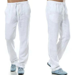 KissICON US S 50-60 KG / WHITE Men's Cotton Linen Pants Male Autumn New Breathable Solid Color Linen Trousers Fitness Streetwear Back With Pocket