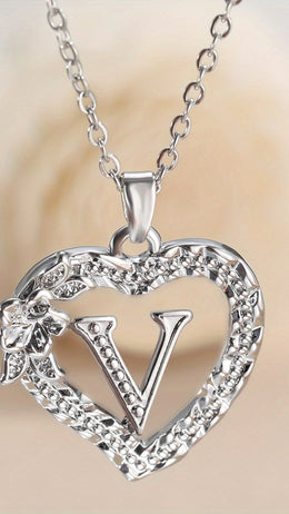jkthpu-45 【V】 KissIcon Elegant Initial Heart Necklace - CZ Birthstone