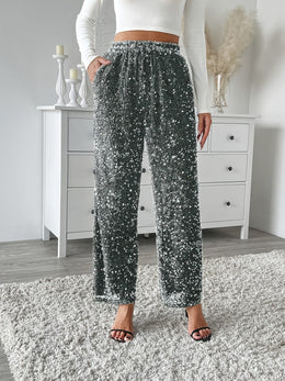 jkthpu-45 Velvet Sequin Front Loose Straight Elastic Waist Pants