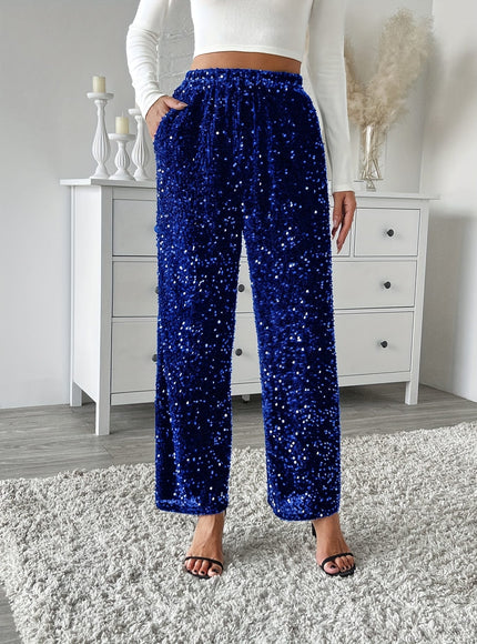 jkthpu-45 Velvet Sequin Front Loose Straight Elastic Waist Pants