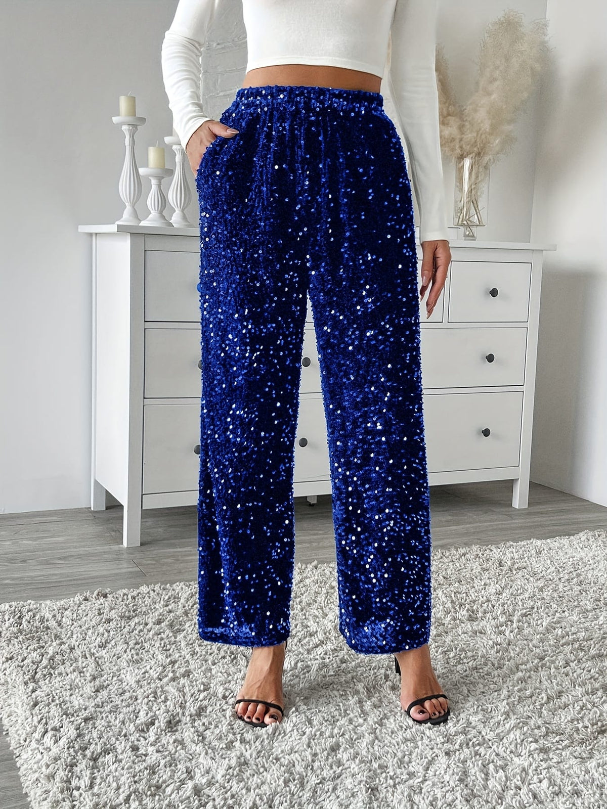 jkthpu-45 Velvet Sequin Front Loose Straight Elastic Waist Pants