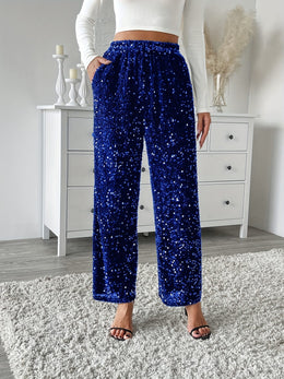 jkthpu-45 Velvet Sequin Front Loose Straight Elastic Waist Pants