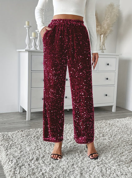 jkthpu-45 Velvet Sequin Front Loose Straight Elastic Waist Pants
