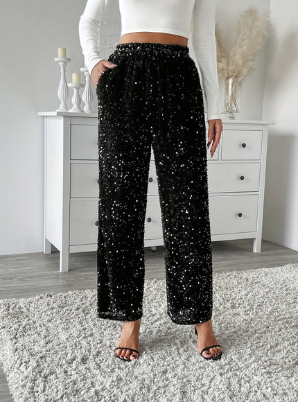 jkthpu-45 Velvet Sequin Front Loose Straight Elastic Waist Pants
