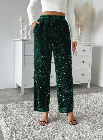 jkthpu-45 Velvet Sequin Front Loose Straight Elastic Waist Pants