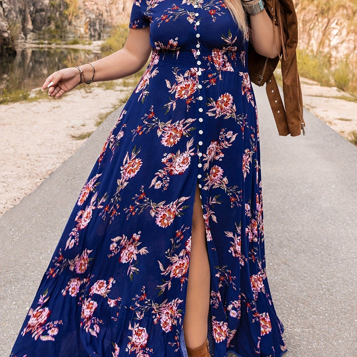 jkthpu-45 Vibrant Blue / UK 16 Modern Bohemian Women's A-line Skirt - Elastic Waist, Stretchable, Comfortable Fabric, Artistic White Buttons, Perfect for Music Festival, Vacation, Date, Valentine's Day