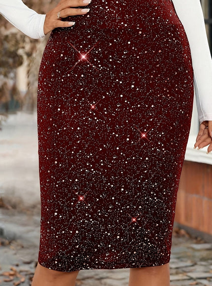 jkthpu-45 Vibrant Crimson / UK 18 (US 14) Elegant Plus Size WaistCinching Shiny Winter Pencil Skirt