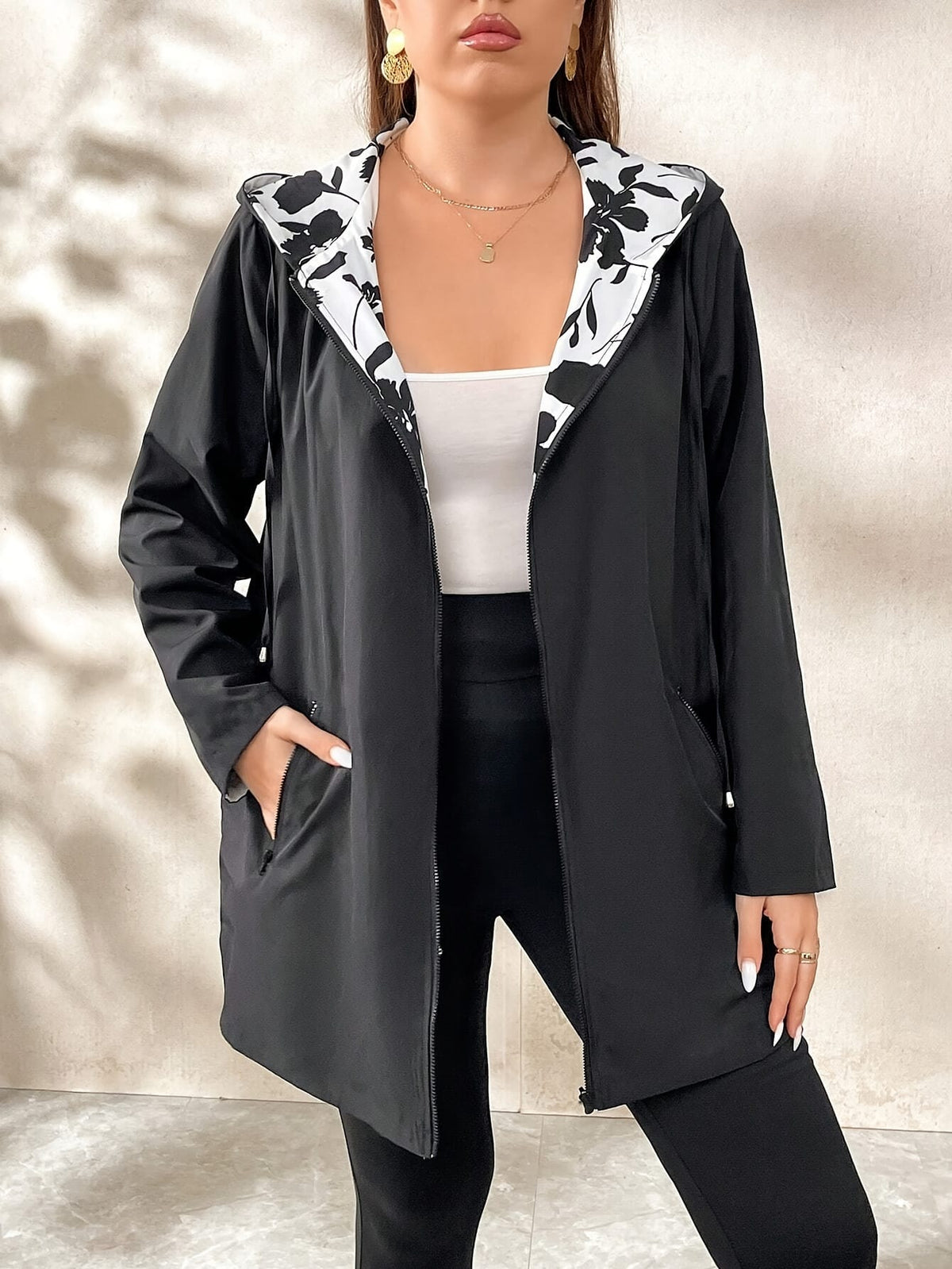jkthpu-45 Vibrant Floral Plus Size Hooded Trench Coat  All Season Style