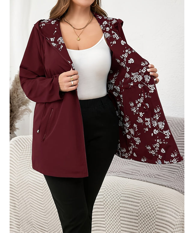 jkthpu-45 Vibrant Floral Plus Size Hooded Trench Coat  All Season Style