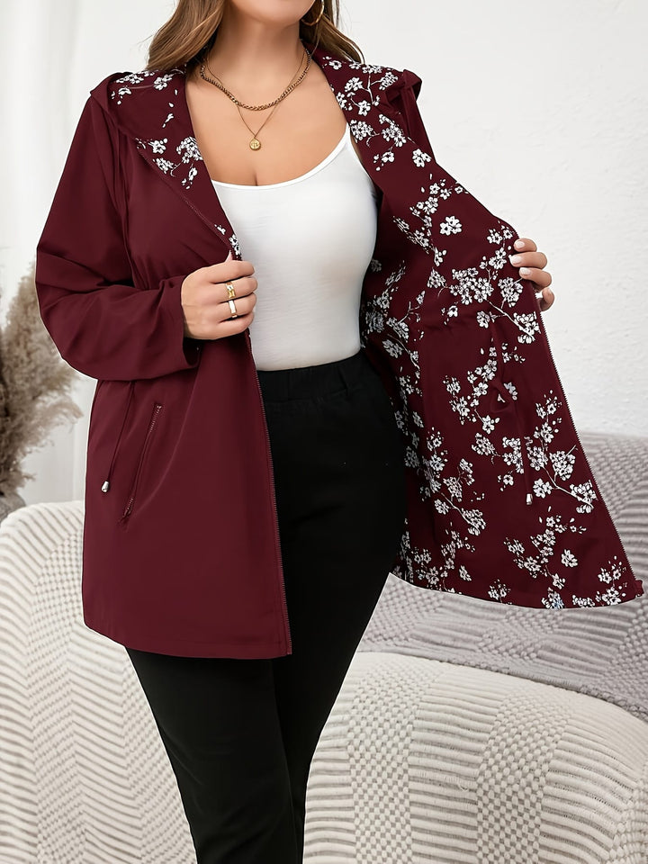 Vibrant Floral Plus Size Hooded Trench Coat  All Season Style
