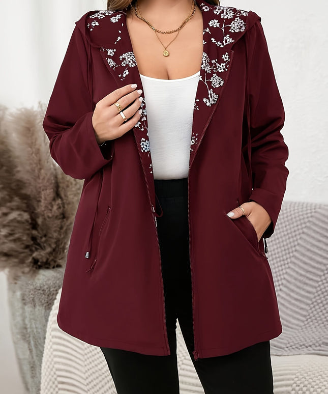 jkthpu-45 Vibrant Floral Plus Size Hooded Trench Coat  All Season Style