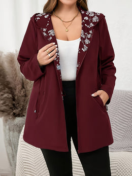 jkthpu-45 Vibrant Floral Plus Size Hooded Trench Coat  All Season Style