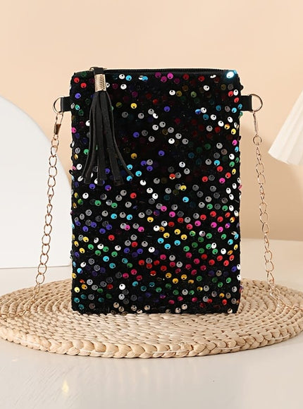jkthpu-45 Vibrant Multicolor Sparkling Multicolor Polka Dot Evening Bag with Tassels