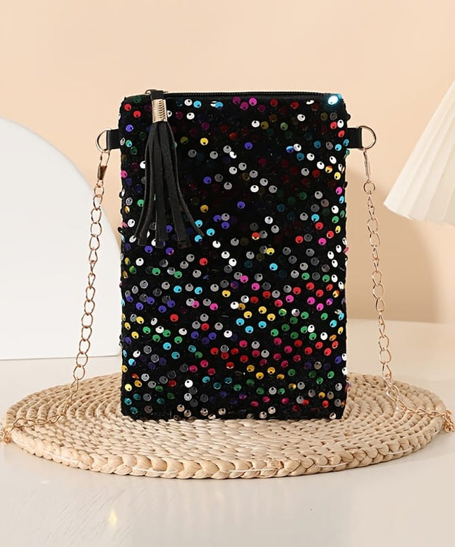 jkthpu-45 Vibrant Multicolor Sparkling Multicolor Polka Dot Evening Bag with Tassels
