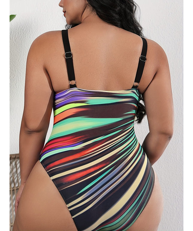 KissICON Vibrant Multicolor Striped Highelasticity Onepiece Swimsuit