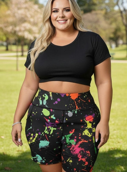KissICON Vibrant Paint Splash High-Waist Cycling Shorts – Plus Size Activewear