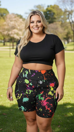 KissICON Vibrant Paint Splash High-Waist Cycling Shorts – Plus Size Activewear