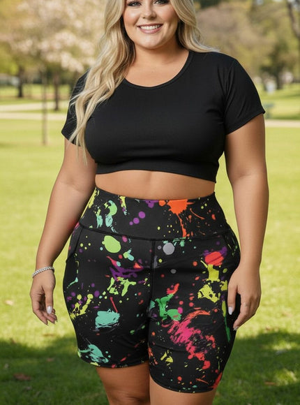 KissICON Vibrant Paint Splash High-Waist Cycling Shorts – Plus Size Activewear
